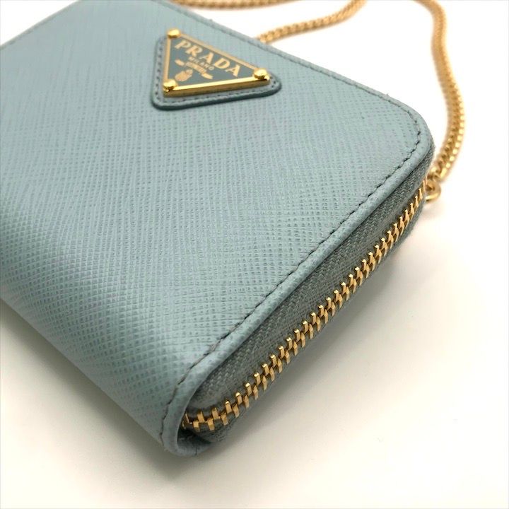 Prada Saffiano Leather Chain Shoulder Card Case Wallet Blue — view 6