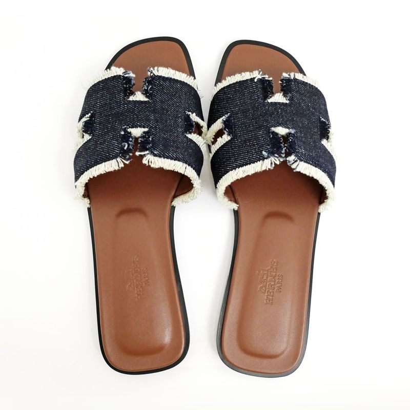 Hermes Oran Fringe BL Denim Navy Brown 36 Sandals Shoes — view 6