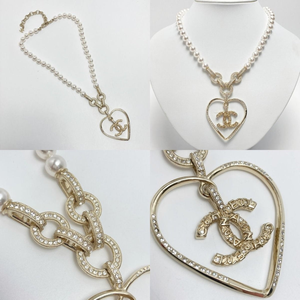 Chanel Coco Mark Heart Motif Necklace A21 P Champagne Gold Faux Pearl — view 6