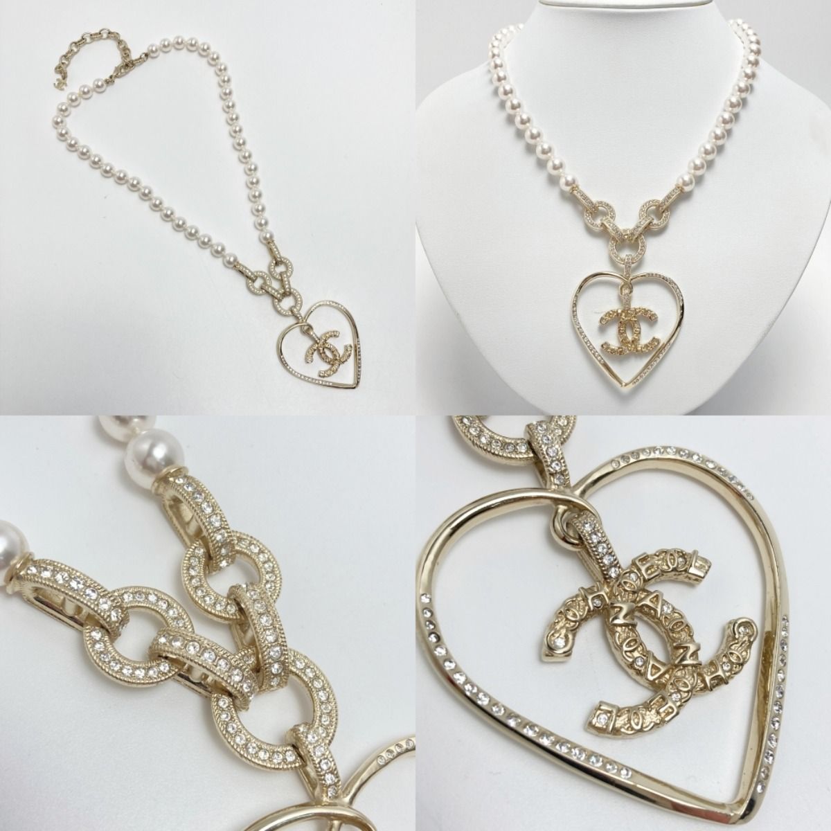 Chanel Coco Mark Heart Motif Necklace A21 P Champagne Gold Faux Pearl — view 6